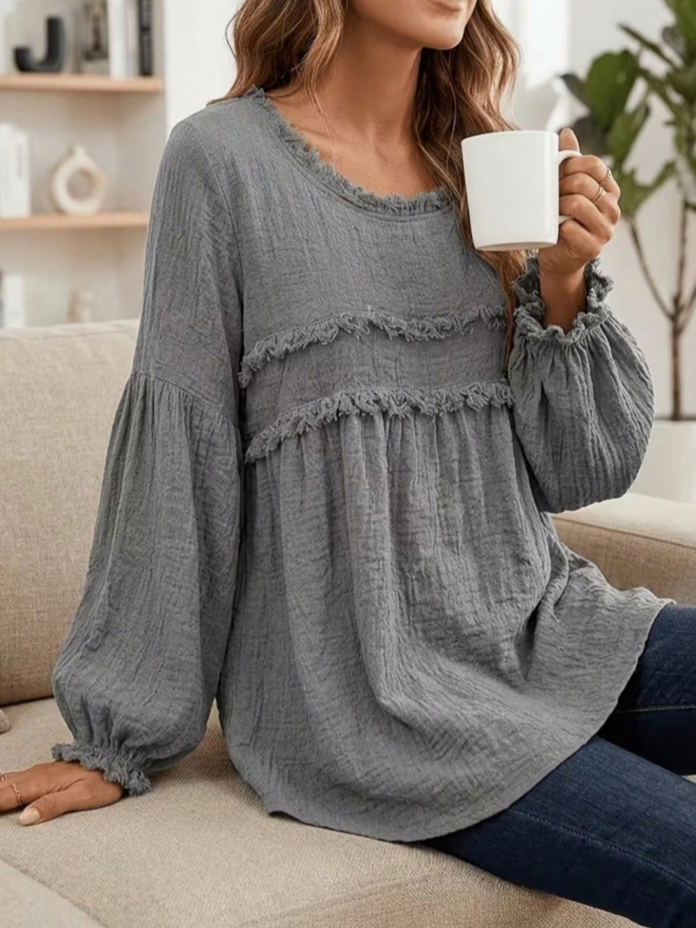 Solid Textured Round Neck Frayed Detail Long sleeve Top - Picture 6 of 12